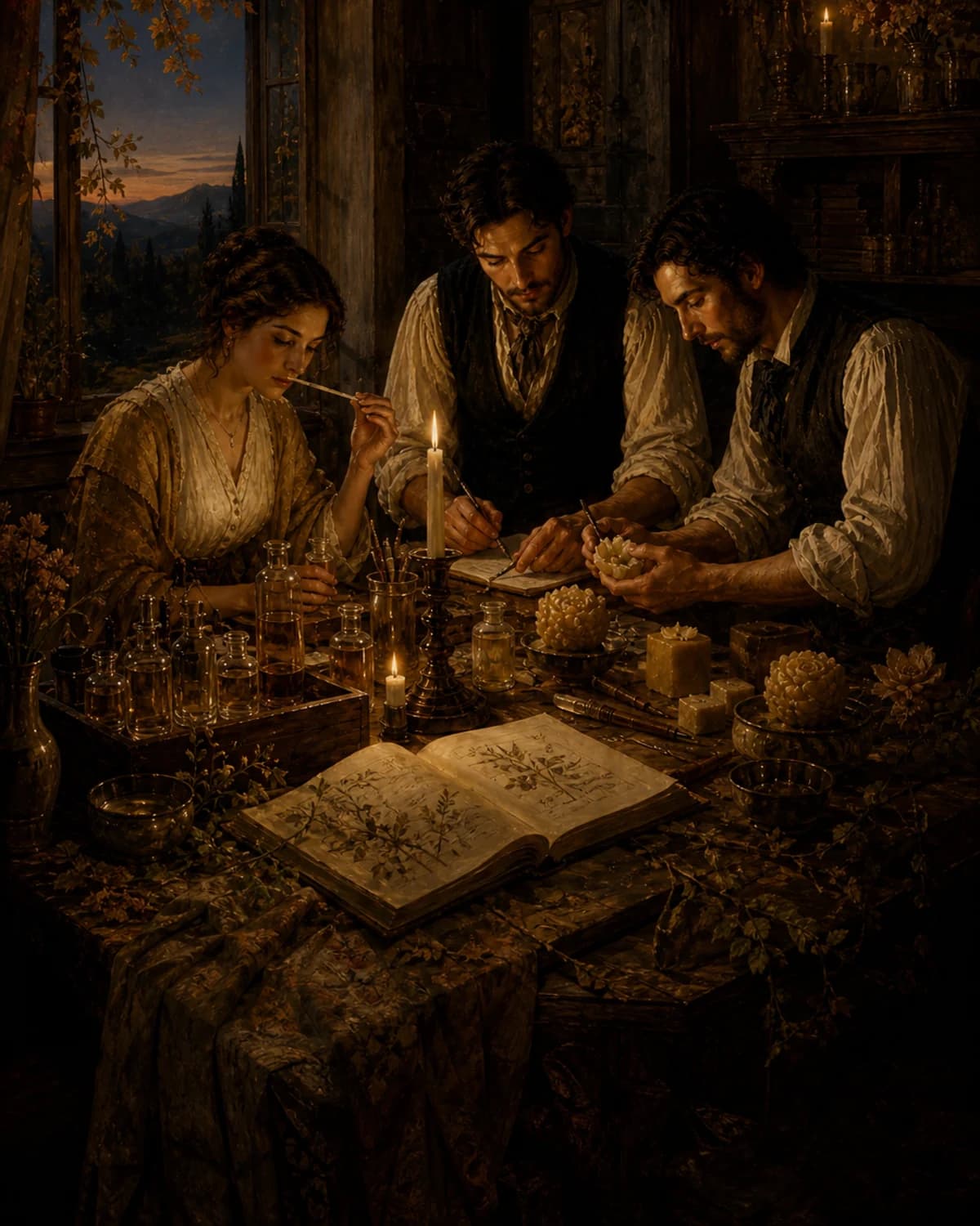 Ilustrație simbolistă a legendei imaginare Valvienne, cu artizani francezi și români într-un atelier de conac