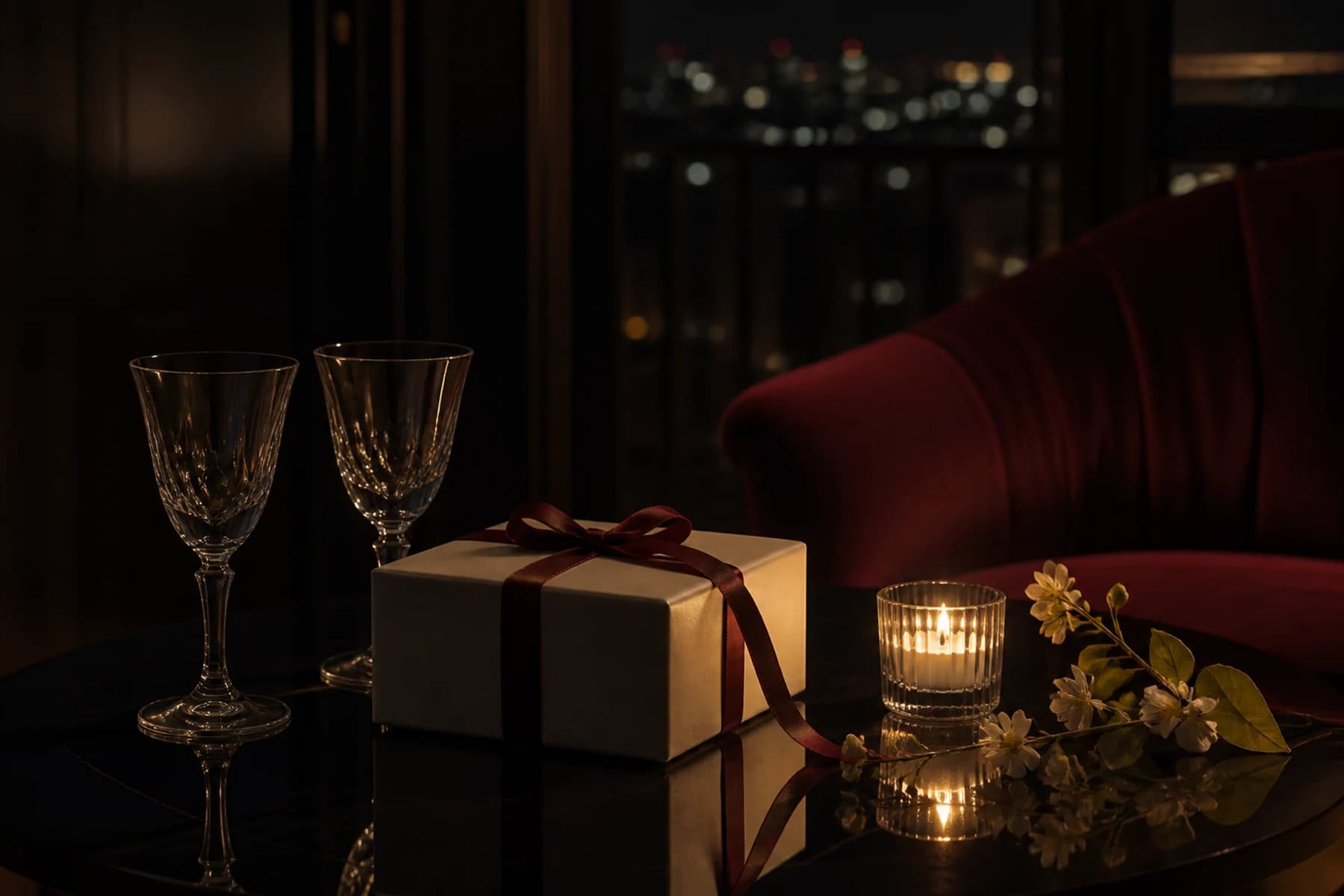 Cadou elegant și lumină caldă într-un interior nocturn rafinat